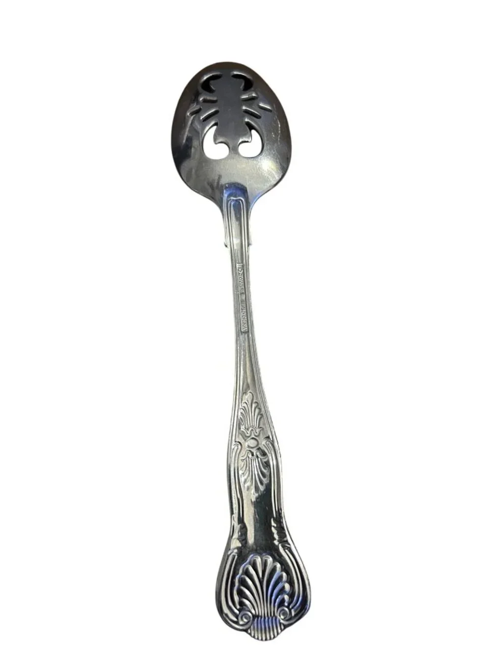 Vintage Silver-Plated Pierced Serving Spoon With Ornate Shell & Floral Handle De